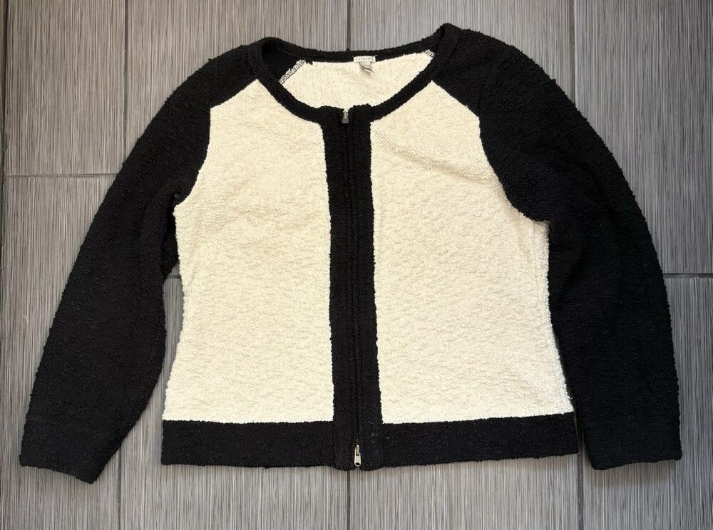 J.Crew Women's Boucle Colorblock Full Zip Sweater Ivory/Black Size XL Textured